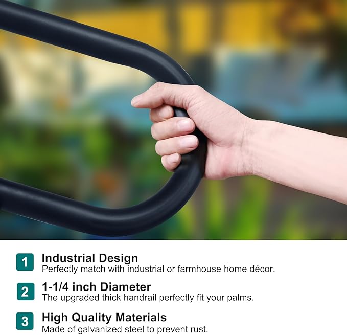 HouseAid Industrial Pipe Handrail for 1-2 Step Stairs, Farmhouse Stair Hand Railing Grab Bars with 1-1/4 Inch Diameter Pipe, Vintage Style U-Shape Safety Handle, Wall Mounted, Matte Black