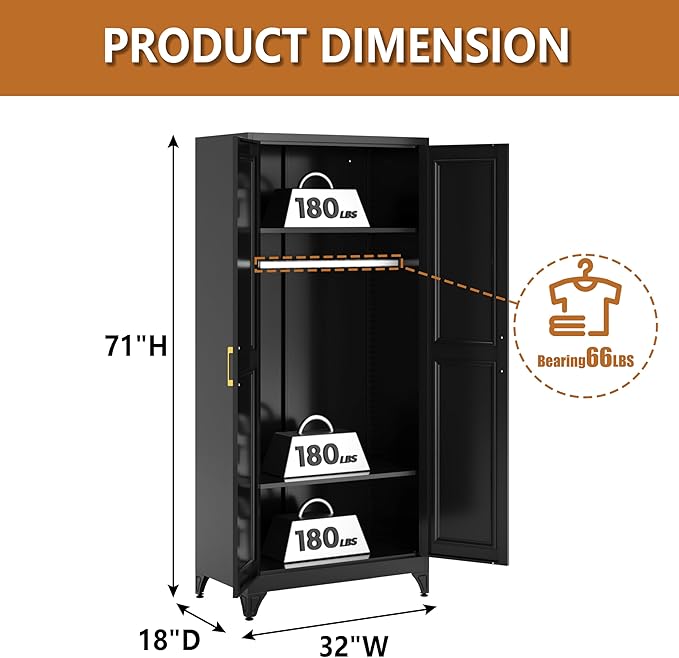Metal Armoire Wardrobe Closet with Hanging Rod, 71" Tall Wardrobe Cabinet for Clothes, Black Clothing Storage Cabinet with Doors and Shelves, Large Wardrobes for Bedroom, Office, School, Gym