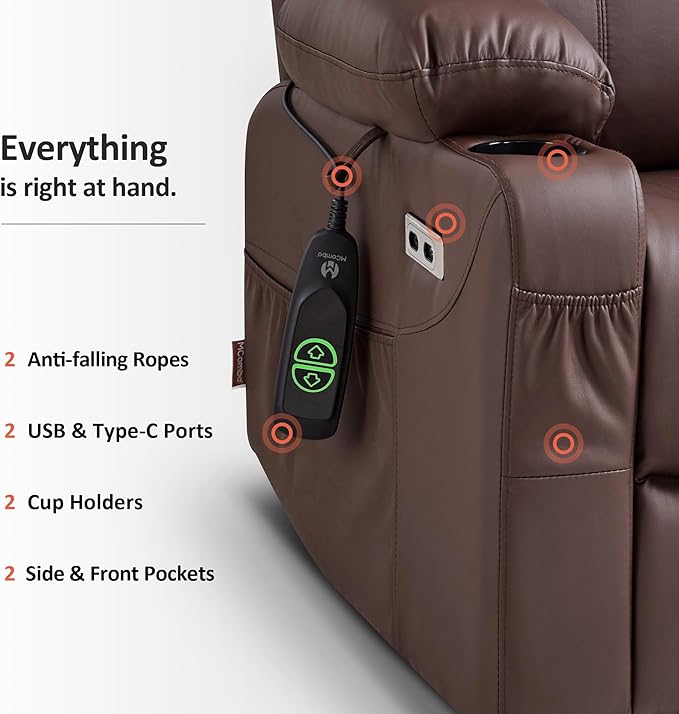 MCombo Power Lift Recliner Chair for Elderly, Lift Chair with Heat and Massage, FSC Certified, USB Ports, Cup Holders, Faux Leather 7141 (Light Brown, Small)