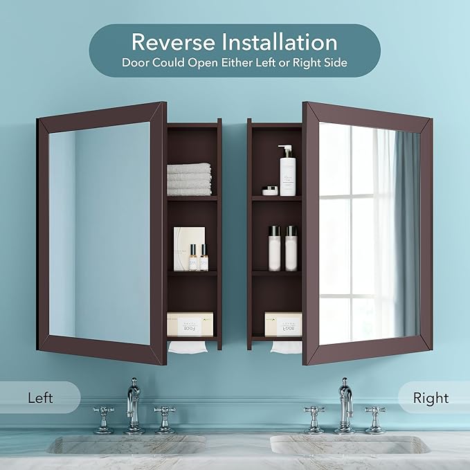 Bathroom Mirror Cabinet - Large Single Door 24x30 inchs Wall Cabinet Bathroom Vanity Mirror Cabinet with Facial Tissues Slot and Multifunctional Storage Area