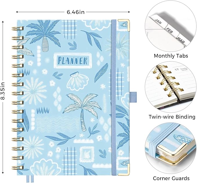 AHGXG 2026 Planner, Weekly and Monthly Planner for Women, Jan 2026 - Dec 2026, Medium Size (5.7" x 8.3"), Calendar 2026, Hardcover with Monthly Tabs, Spiral-Bound, 100 GSM Thick Paper, Blue-Ocean