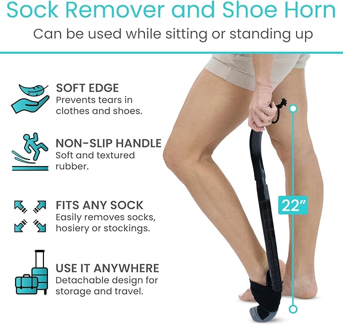 Vive Sock Remover Device for Seniors - Sock Aid and Shoe Horn for Compression Socks, Hosiery and Stockings - Sock Assist for Elderly, Men, Women - No Bending Daily Assistance Device