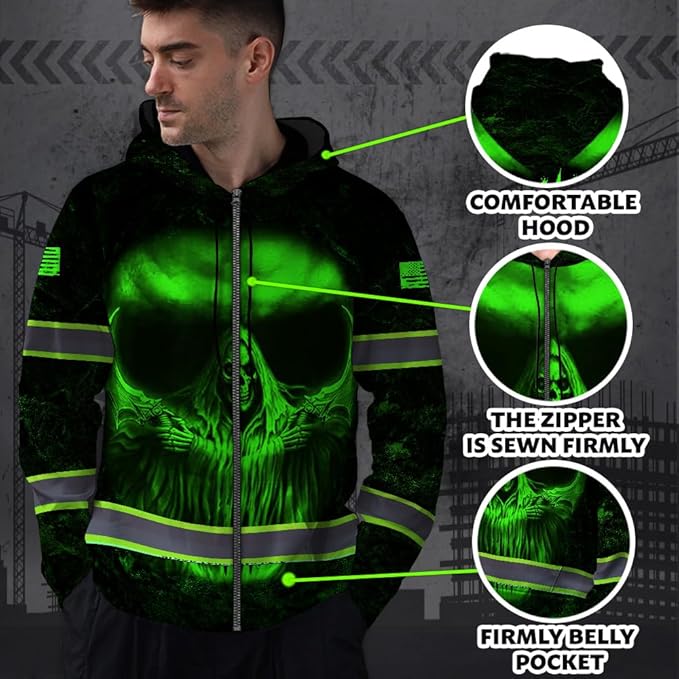 Maddly Hi Vis Reflective Zip Up Hoodie, High Visibility Safety Jacket with Skull Design for runner, worker, trucker, cyclist