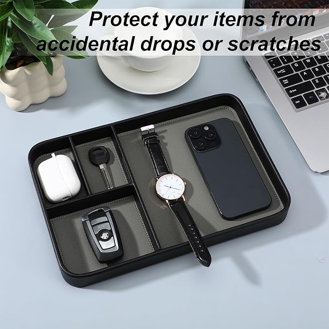 Leather Tray, Stylish and Organized Multifunctional Tray, for Table Entryway, Premium PU Leather, Catchall Trays for Keys, Watch, Wallet, Jewelry, and More (Black Frame)
