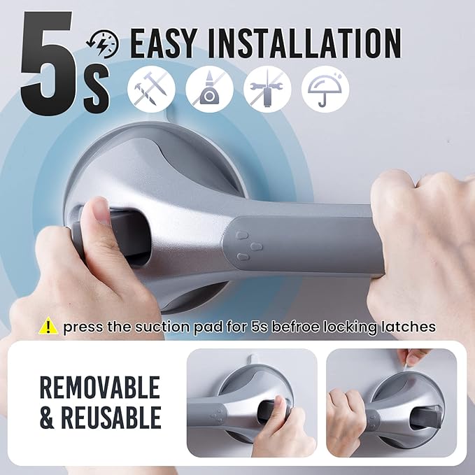 TAILI Shower Grab Bar 16 Inch Suction Cup Grab Bars for Bathroom, Removable Shower Safety Handle Heavy Duty Bathtub Grip for Seniors & Elderly, Strong Handrails No Drilling Waterproof, Silver