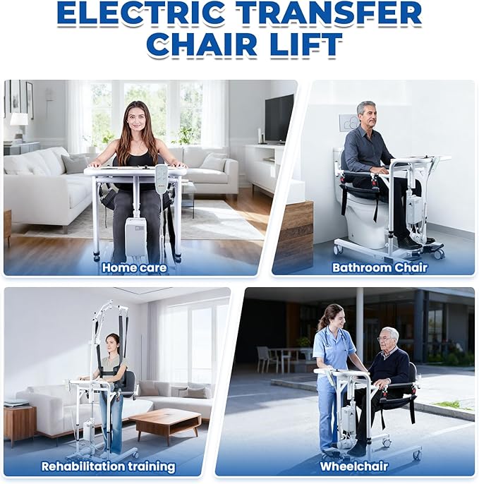 Patient Lift Transfer Chair, 5 in 1 Patient Lift Chair with 180°Split Seat, Height Adjustable Patient Transfer Chair with 4 Casters for Home Seniors Elderly, Load 450Lbs (Electric with Hanger, Silver)