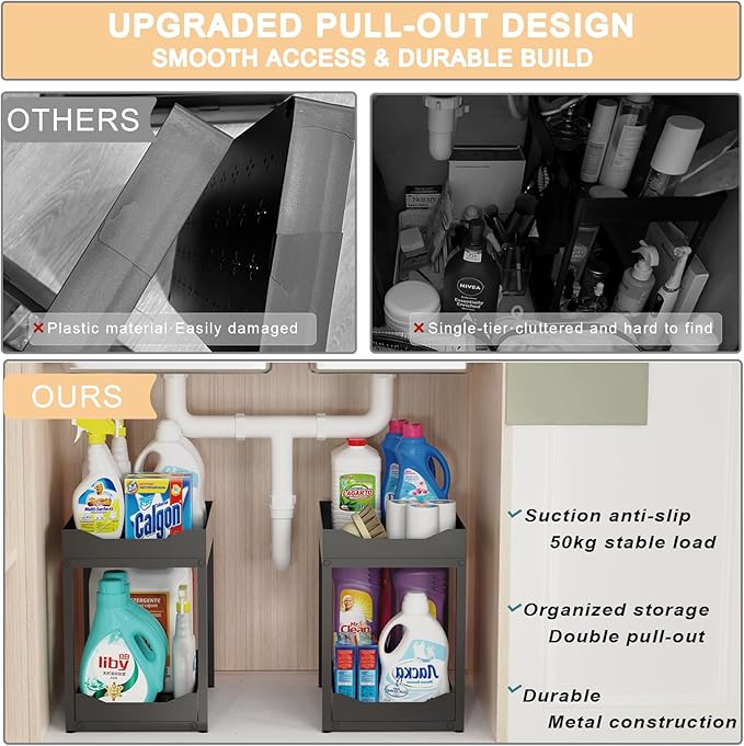 2-Tier Bathroom Organizers and Storage, Metal Under Sink Organizers,Pull Out Cabinet Organizer Shelf, Sliding Drawer for Kitchen Pantry Cabinet Closet Organization Rack (Black, 2 Pack)