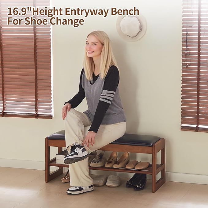 Shoe Rack Bench with Storage - Entryway Bench 40inch 2-Tier Shoe Bench with PU Cushion, Solid Wood Legs Flip Top Entryway Organizer Space Saving