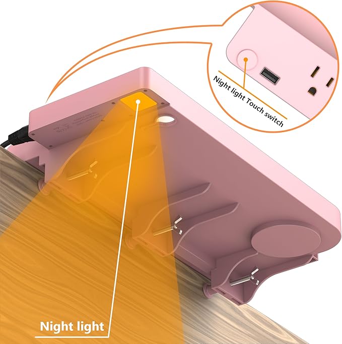 Bedside Shelf for Dorm Bunk Bed with USB Charging Port and 2 AC Outlets, Bed Side Table Tray Organizer, College Dorm Essential Clip On Bedside Tray, Loft Nightstand Decor, Plus Size, Pink