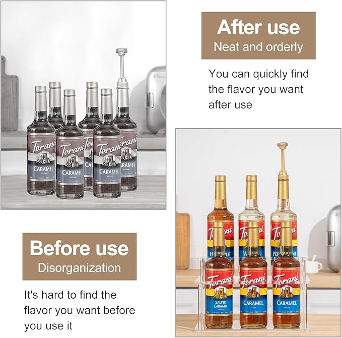 Acrylic Coffee Syrup Organizer, 2 Tier Coffee Syrup Rack (6 Bottle Capacity), Syrup Bottle Holder Stand for Coffee Bar, Kitchen Countertop Syrups, Condiments and Wine (Transparent)