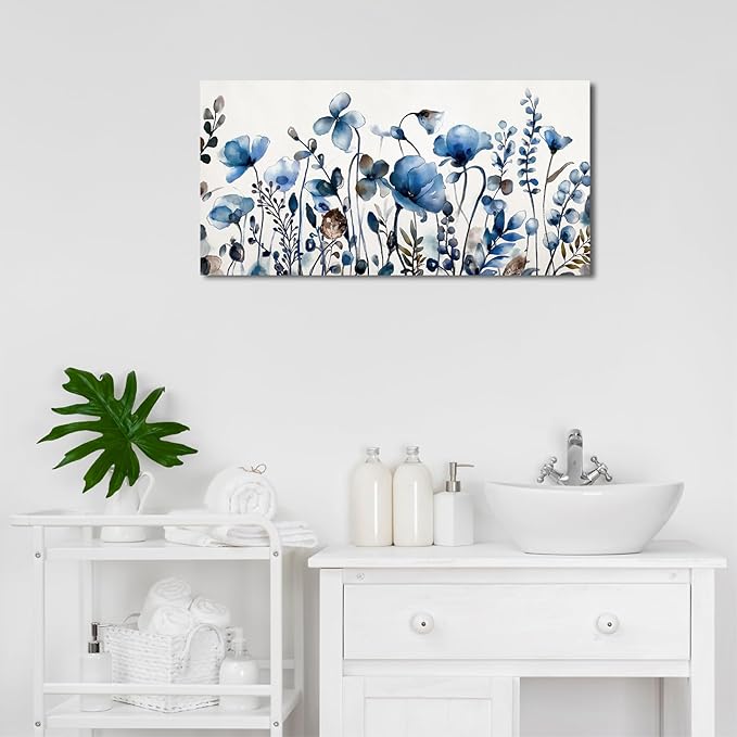 VEAEE Floral Wall Art, Abstract Indigo Flowers Canvas Pictures, Living Room Wall Decor, Modern Landscape Painting, Botanical Grass Artwork for Bedroom Bathroom Kitchen Office Wall Decor 20"x 40"