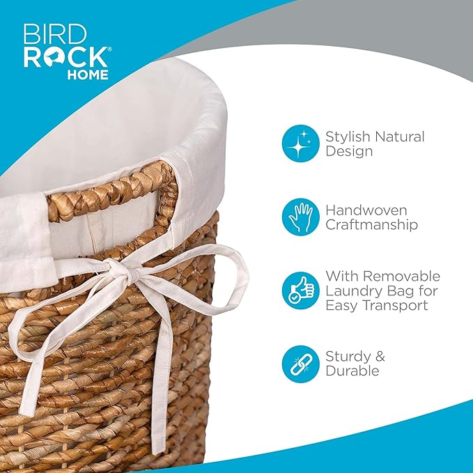 BIRDROCK HOME Seagrass Laundry Hamper with Lid & Liner - Handwoven Round Basket with Handles for Laundry/Dirty Clothes - Organizer, Storage, Shelves, Bin in Bathroom, Bedroom & Laundry Room - Natural
