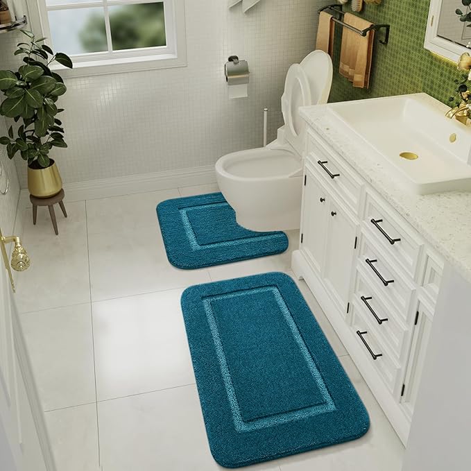 LOCHAS Bathroom Rug Set Peacock Blue, Soft Bath Rug Set 2 Piece Set, Toilet Mat U-Shaped 20x20 and 34x20 Bath Rugs, Quickly Dry Mats for Bathroom, Tub, Washable, Super Absorbent Floor Mat