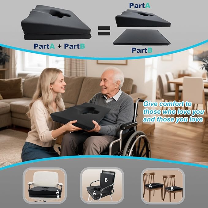 Gel Wheelchair Seat Cushion,Bed Sore Cushions for Butt,Office Chair Pressure Sore cushion,Memory Foam Pillow for bed,Pressure Ulcer Pain Relief,Relieve Sciatica,Coccyx,Washable Cover/Set Black