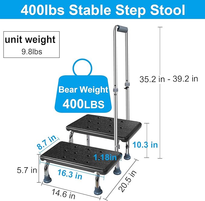 Aliseniors Step Stool with Handle, 400 lbs Adjustable 2 Steps Stool with Handrail for Adults and Seniors, Easy Assmbly Medical Foot Step Stool for Bed, Kitchen, Car, Bathtub