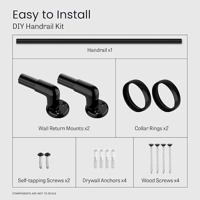 Meranti Aluminum Handrail for Stairs - ADA Compliant Wall Returns - Handrails for Indoor Stairs - Metal Handrail, Powder Coated for Outdoor Environment, DIY Handrail Kit (WHR, Black, 4' Length)