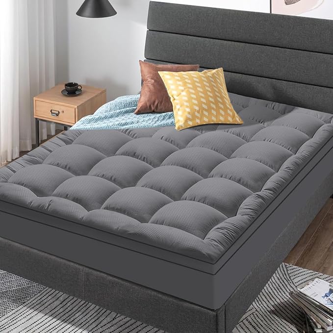 Twin XL Mattress Topper for Back Pain, Cooling Extra Thick Mattress Pad Cover with 8-21 inch Deep Pocket, Plush Pillow Top Mattress Topper Overfilled with Down Alternative, Twin Extra Long, Dark Grey