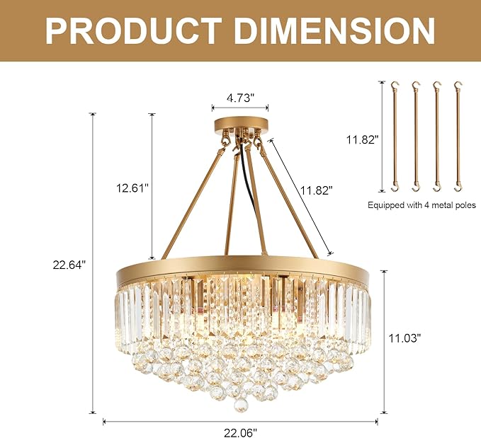 9-Light Gold Crystal Chandelier Contemporary 22'' Modern Semi Flush Mount Crystal Hanging Light Sparkling Decoration for Bedroom Entryway Living Dining Room Kitchen Island Hallway