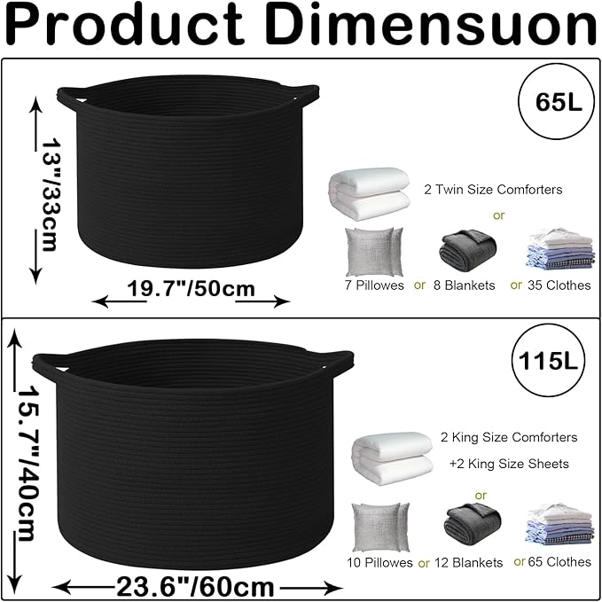 Large Storage Basket with Handle,23.6" x 23.6" x 15.7" Blanket Basket Storage Bins for Organizing,65L Cotton Rope Woven Baskets for Living Room, Nursery,Bedroom,Black