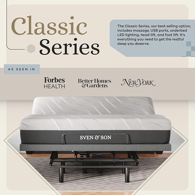 Sven & Son Classic Adjustable Bed Base, Head and Foot Lift, Massage, Under-Bed Lights, USB, Gel Memory, Zero Gravity Smart Frame - King + 12 inch Memory Foam Matt (Medium)