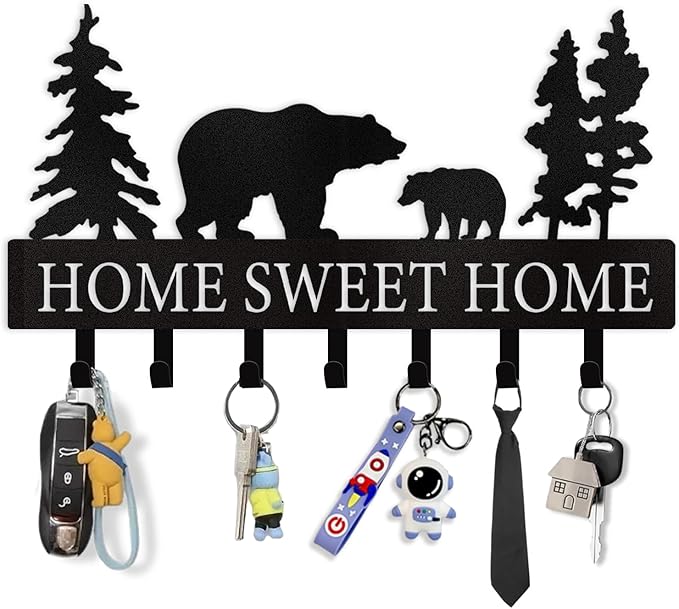 Personalized Key Holder for Wall - Metal Bear Key Rack Wall Mounted with Hooks - Key Holder Hooks Organizer Coat Rack - Animal Theme Hooks Sweet Home Decor for Storage, Hallway, Bedroom, Office