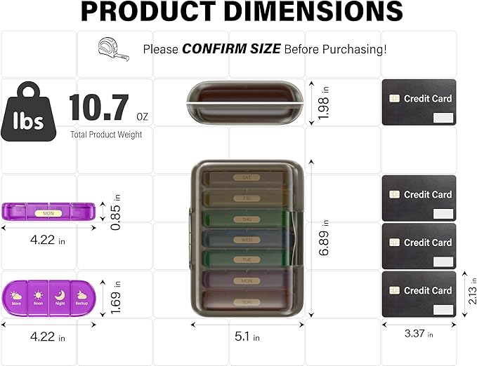 Weekly Pill Organizer 4 Times a Day, 7 Day Pill Box 4X, Portable for Travel Pill Case for Pills/Vitamin/Fish Oil/Medication/Supplements (4x7 Black+Rainbow)