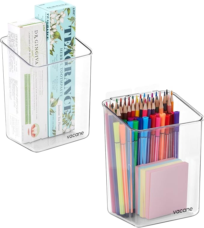 vacane 2 Pack Plastic Adhesive Mount Over Cabinet Door Organizer, Storage Organizer Container Makeup Organizer Hanging Basket Bins For Craft Room, Office, Space Saving Holder for Kitchen Bags-S Clear