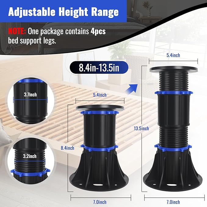 YHK 4PCS Adjustable Height Bed Support Legs 8.4-13.5 inch, Bed Frame Support Legs for Bed Slat, Bed Support Reinforcement Parts Bed Frame Support Replacement
