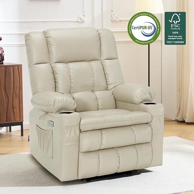 MCombo Dual Motor Large Power Lift Recliner Chair for Elderly, Lay Flat Lift Chair with Heat and Massage, Big Lift Recliner for Tall People, Faux Leather 7896 (Cream White, Large)