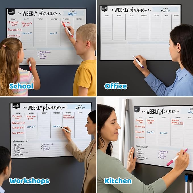Cinch! Weekly Planner - 17x12-Inch Magnetic Weekly Calendar for Fridge and Meal Planner - Stain Resistant Dry Erase Whiteboard with 4 Fine Tip Markers and Eraser for Easy Scheduling
