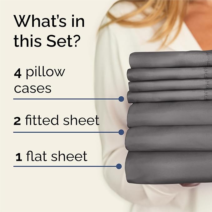 Split King 7 Piece Sheet Set - Cooling & Breathable Bed Sheets - Hotel Luxury Bed Sheets for Women, Men, Kids & Teens - Deep Pockets - Easy Fit - Soft and Wrinkle Free - Split King Dark Grey Sheets