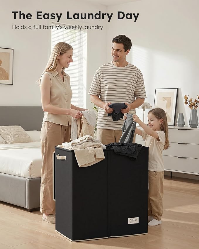 SOLEDI Large Double Laundry Hamper with Lid, Collapsible Clothes Hamper 2 section with Removable Bags, Space-Saving Laundry Basket for Bedroom, Dorm, College