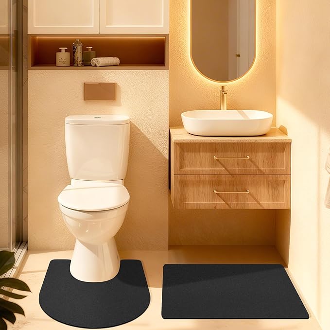 Ultra Thin Bath Mat, Upgrade Backing Non Slip Thin Bath Mats Fit Under Door, Quick Dry Ultra Absorbent Bathroom Rugs, Machine Washable Bath Rugs for Bathroom, Bathtub & Kitchen, Black/Solid/2 Piece