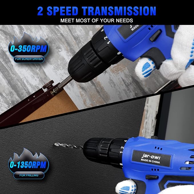 Jar-Owl 21V Cordless Drill, 350 in-lb Torque, 0-1350RMP Variable Speed, 10MM 3/8'' Keyless Chuck, 18+1 Clutch, 1.5Ah Li-Ion Battery & Charger for Home Tool Kit - Black & Blue