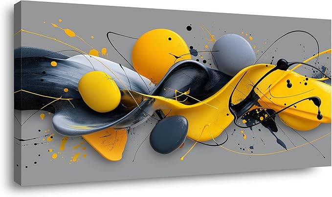 Yellow Abstract Splash Pigment Wall Art for Living Room Canvas Painting Prints Dynamic Art Deco Gray Vibrant Artwork Office Bedroom Family Decor Extra Large