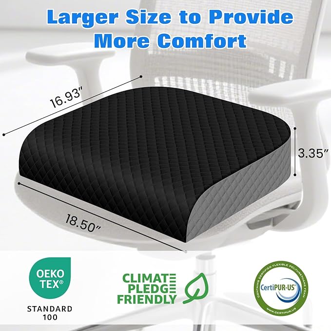 Seat Cushion, Memory Foam Chair Pad, Non-Slip Cushion for Office, Home, Car, Large Desk Chair Cushion, Washable Cover & Handle, X-Large, Black