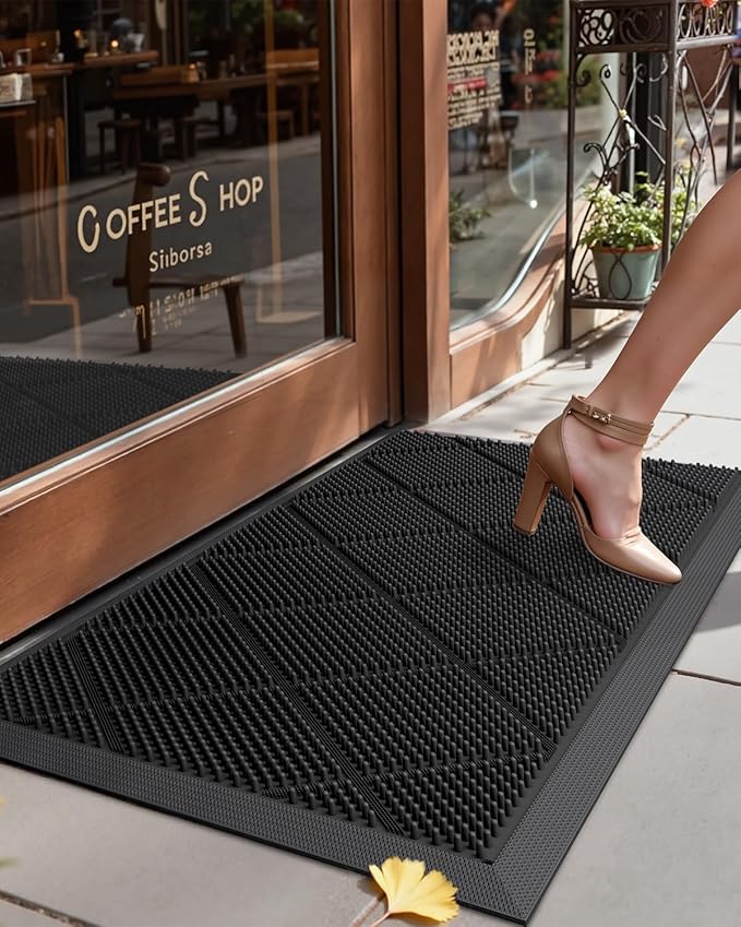 DEXI Front Door Mats Outside Entrance, 17x36 Rubber Waterproof Dirt Trapping Entry Mat for Entryway, Heavy Duty Non-Slip Low-Profile Welcome Doormat All Weather for Patio, Black