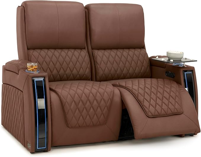Seatcraft Apex Zero-Gravity CoolZero Italian Leather Home Theater Seating, Powered Headrest, Powered Lumbar, Powered Recline, Row of 2 Loveseat, Tobacco