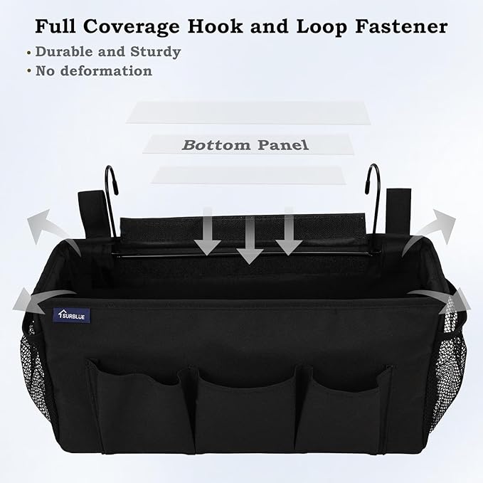 Surblue Bedside Organizer with Hook Bedside Caddy Hanging Storage Bag with Adjustable Strap and Water Bottle Holder for Home College Dorm Bunk Bed Accessories, Crib Bed Rail, Hospital Bed, Black, 2PCS