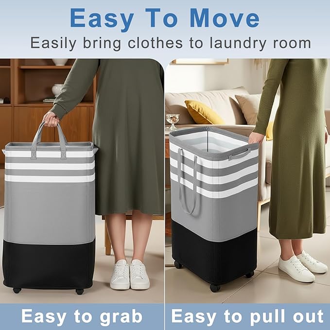 Wakefit 105L Large Laundry Basket, Laundry Hamper with 4 Wheels, Collapsible Waterproof Clothes Basket, Freestanding Hamper with Handles for Bedroom, Bathroom, Laundry Room (Gray - L)