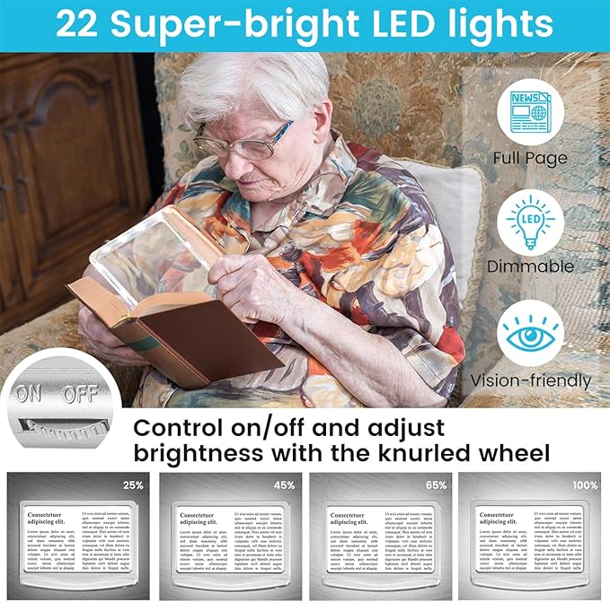 Rechargeable 5X Magnifying Glass for Reading, Large Bright Full Page Magnifier with Light, Handheld LED Dimmable Lighted, Lightweight Book Magnifier for Reading Small Prints Seniors - Silver
