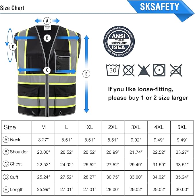 SKSAFETY 10 Pockets Safety Vest, Class 2 High Visibility Security with Zipper, Hi Vis Vest with Reflective Strips, ANSI/ISEA Standard, Construction Work Vest for Men ＆ Women （Black, XL）