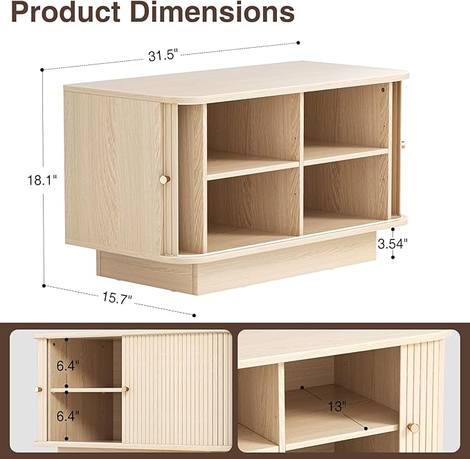 Fluted Shoe Storage Bench, 31" W Small Entryway Bench with Sliding Door, Mud Room Benches with Seat, Upholstered Wooden Rack Organization for Living Room, Apartment, Dorm, Oak, Natural