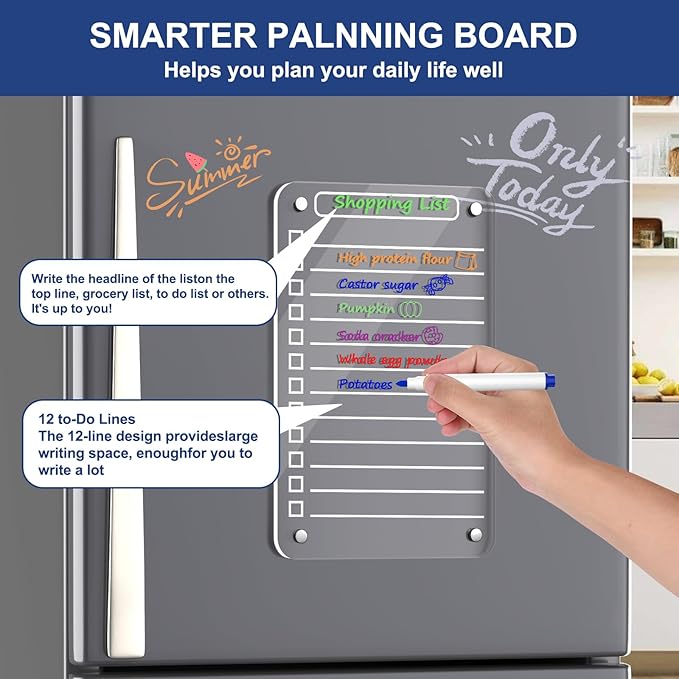 2 Pcs Acrylic Magnetic Dry Erase Board for Fridge, 12"X6" Clear Magnetic to Do List White Board, Acrylic Dry Erase to Do List for Refrigerator, Magnet Whiteboard with 6 Markers