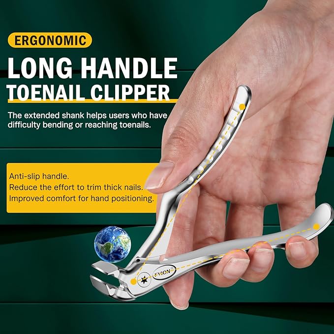 FVION Ergonomic Handle Nail Clippers for Seniors, Angled Head Toenail Clippers for Thick Toenails and Fingernails, Wide Jaw Opening Precision Nail Trimmer with Catcher (Silver)