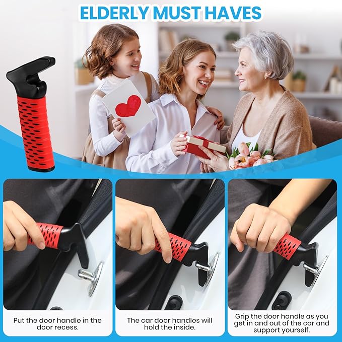 Car Door Handle for Elderly, Car Handle Assist Support, Portable Elderly Assistance Mobility Aids Auto Grab Cane with Strap for Seniors and Handicapped Getting Out of Car, Red, 2 Pack