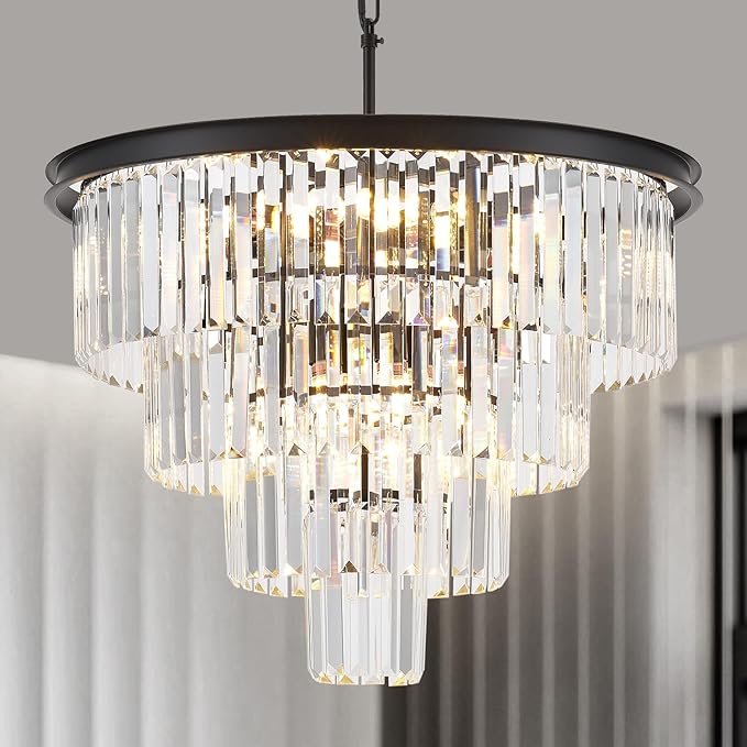 4-Tiers 23.6" Black Modern Crystal Chandelier 12-Light Crystal Pendant Ceiling Light Fixture Hanging Lighting for Entryway Dining Room Bedroom Living Room Foyer High Ceiling