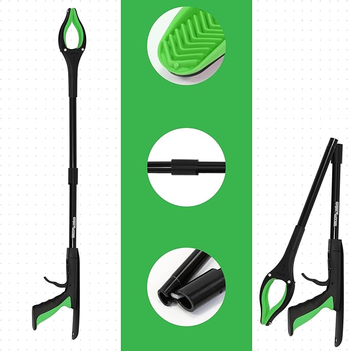 2 Pack 32 inch GrabRunner Folding Reacher Grabber Tool with Strong Magnetic and Swivel Head &Shoehorn (Green Green)