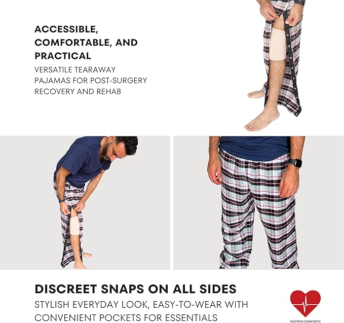 Inspired Comforts Unisex Tearaway Post Surgery Recovery Pajama Pants with Side Snaps & Pockets