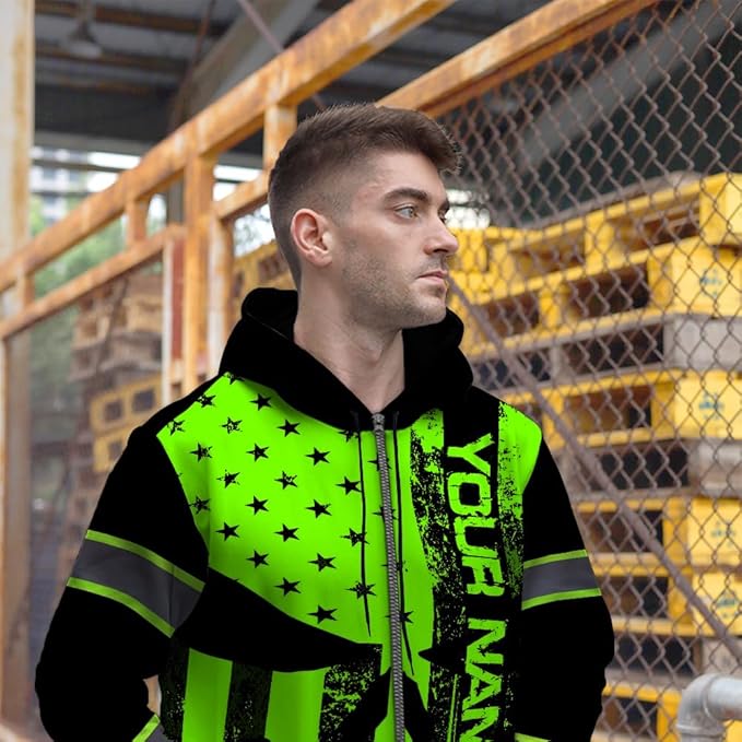 Maddly Hi Vis Reflective Zip Up Hoodie, High Visibility Safety Jacket with Skull Design for runner, worker, trucker, cyclist